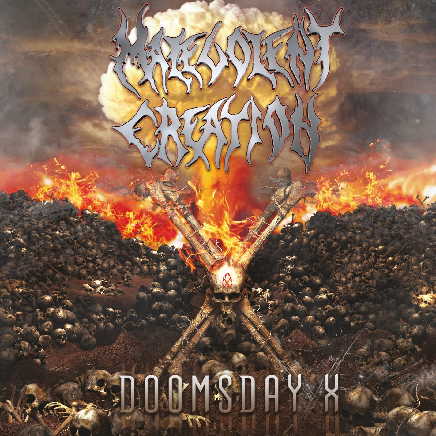 Malevolent Creation album borítója. Koponya kereszt, tűz, koponyák és egy nukleáris robbanás a háttérben.