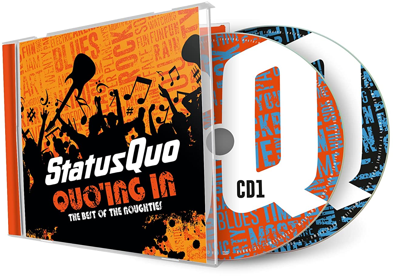 Status Quo CD készlet. CD tok album borítóval és három CD-vel. A borító narancssárga és fekete.