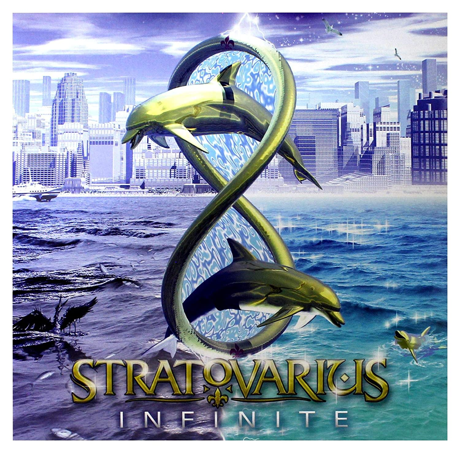Album borító: Két delfin, víz, város háttér, 'Stratovarius', 'Infinite'.
