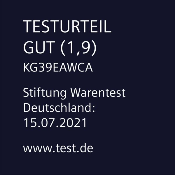 Ein Testergebnis mit der Bewertung 'GUT (1,9)' für einen Kühlschrank KG39EAWCA. Die Quelle ist Stiftung Warentest.