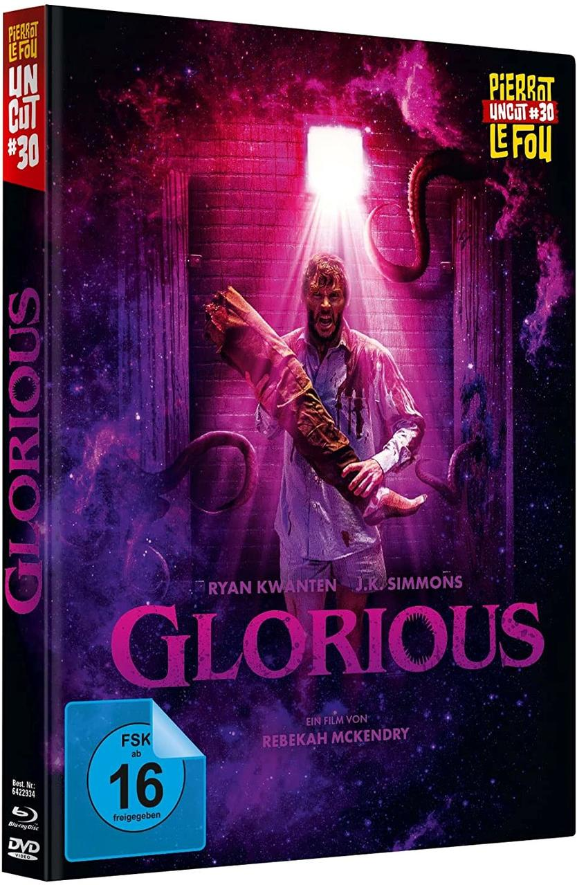 DVD-Cover des Films 'Glorious', mit einem Mann, der eine blutige Gliedmaße hält.