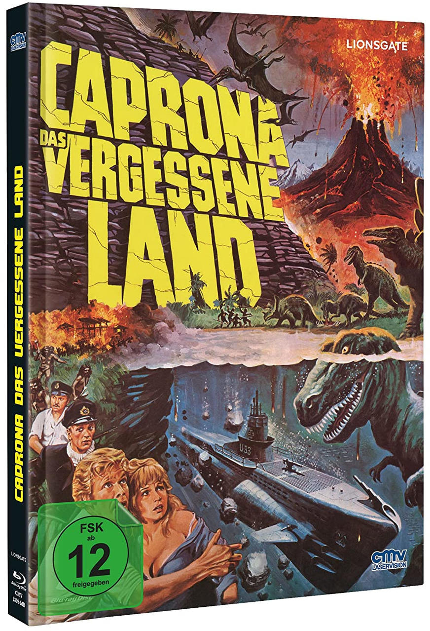 Filmcover mit Dinosaurier- und U-Boot-Szene. Text auf Deutsch: 'CAPRONA DAS VERGESSENE LAND'.