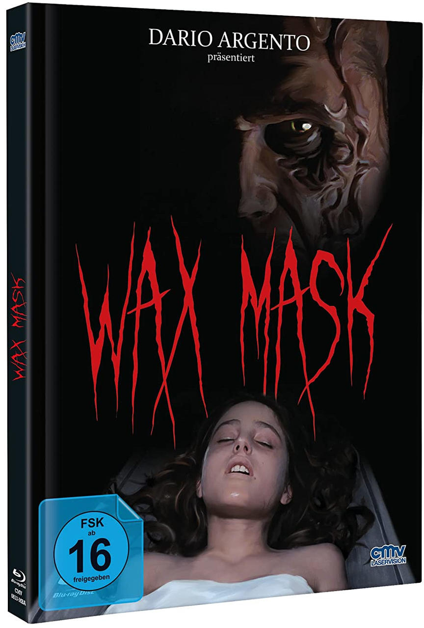 Das DVD-Cover für „Wax Mask“, einen Horrorfilm. Es zeigt ein gruseliges Gesicht und eine liegende Frau.