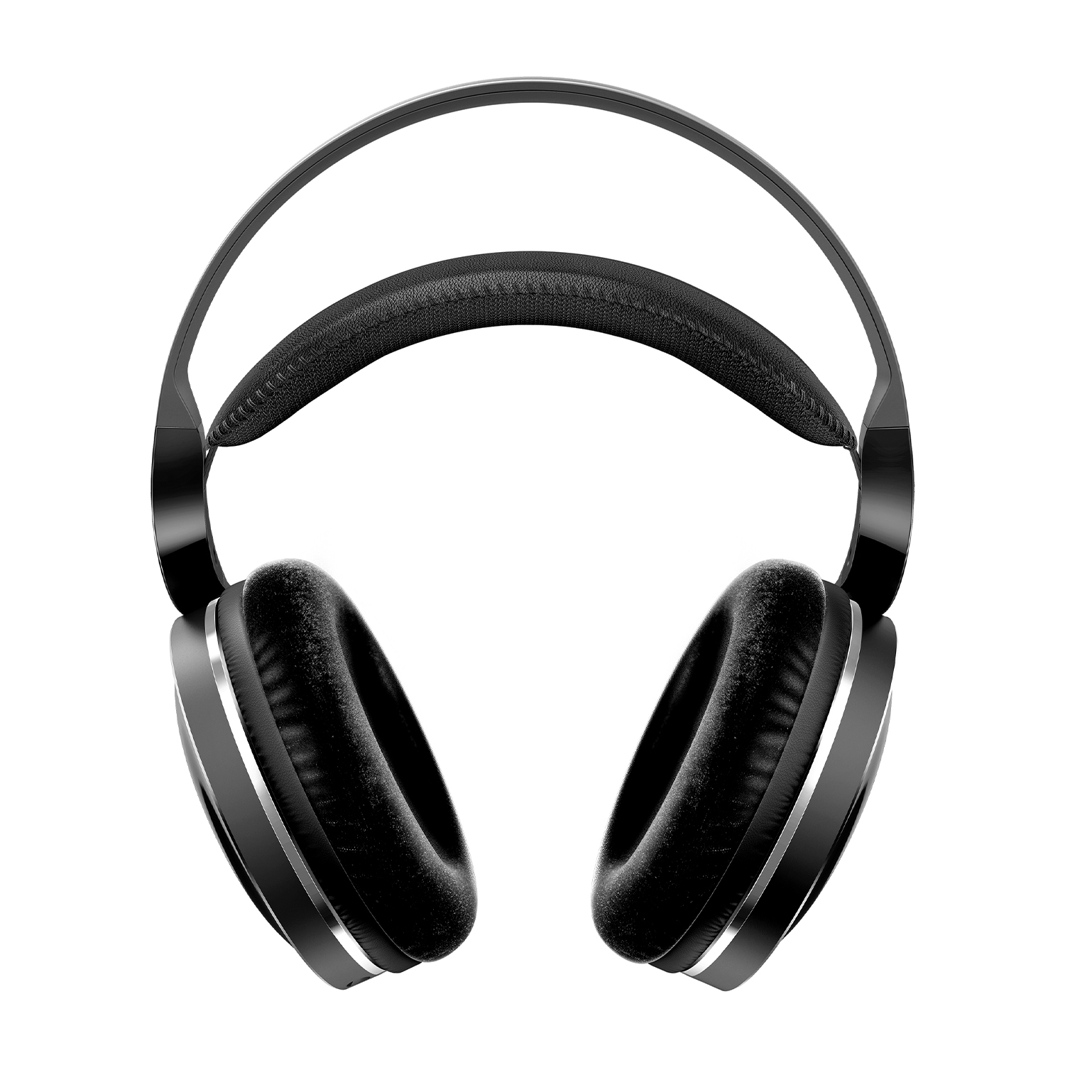 Cuffie nere con dettagli argentati. Design over-ear. Sfondo bianco.