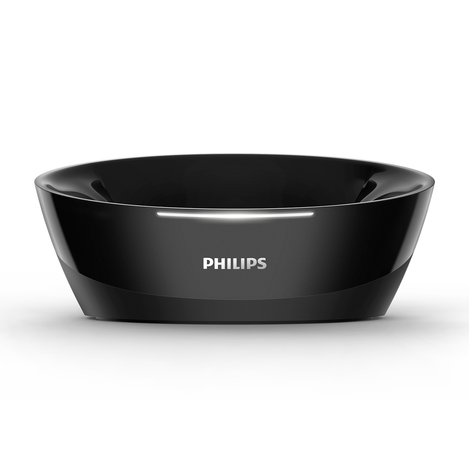 Base di ricarica Philips nera, curva e lucida, su sfondo bianco.