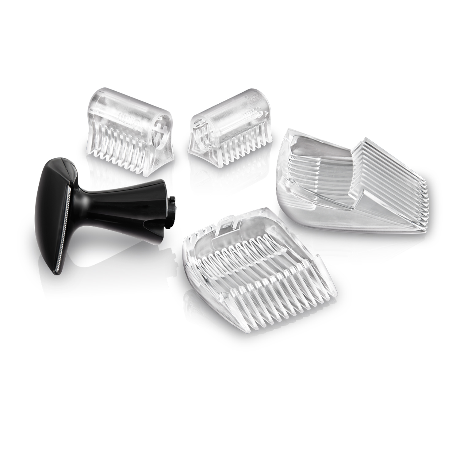 Tagliacapelli nero con diversi attacchi a pettine in plastica trasparente.