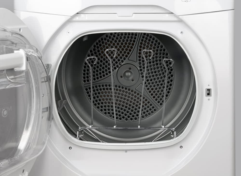 Secadora blanca abierta con interior gris. Rejilla metálica visible. Puerta transparente.