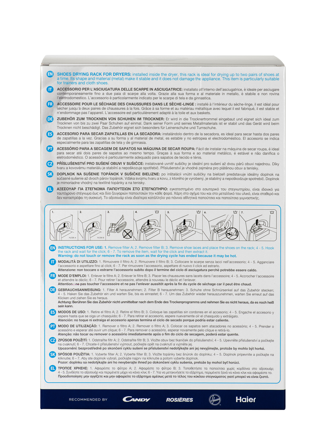 Parte posterior de una caja de secador de zapatos con instrucciones.