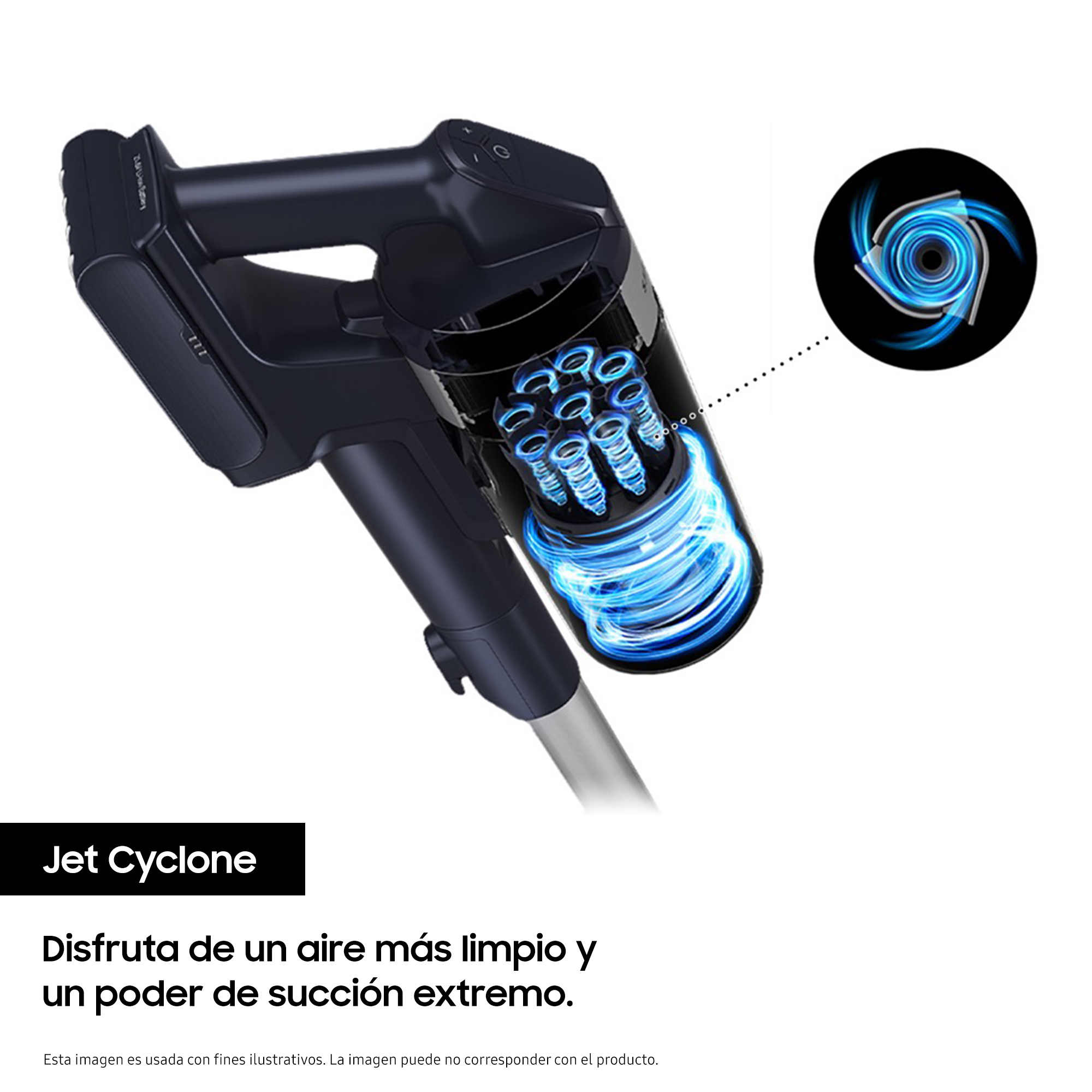 Una aspiradora azul y negra está ligeramente inclinada.