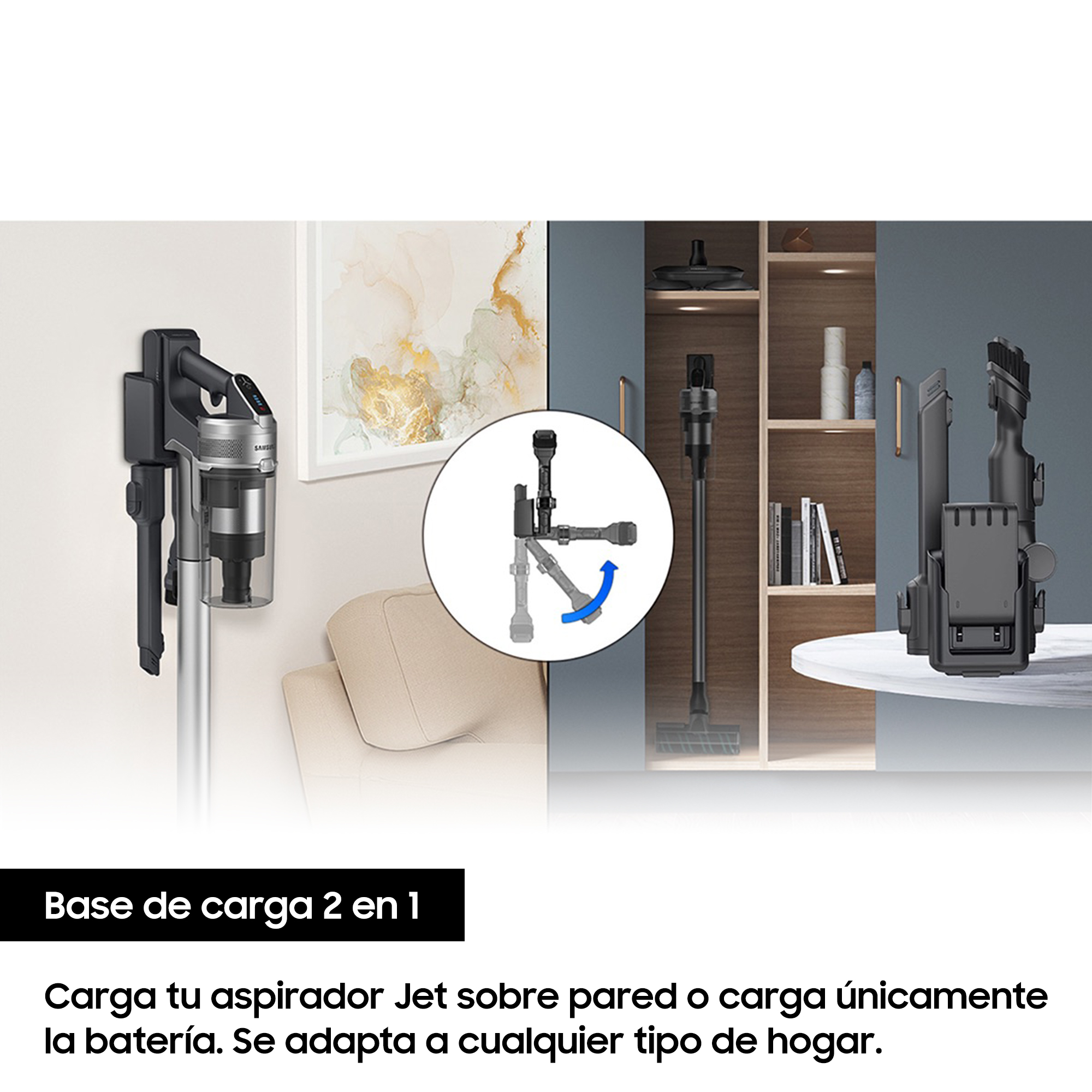 Una aspiradora inalámbrica en una base de carga, con accesorios. El fondo muestra un entorno doméstico.