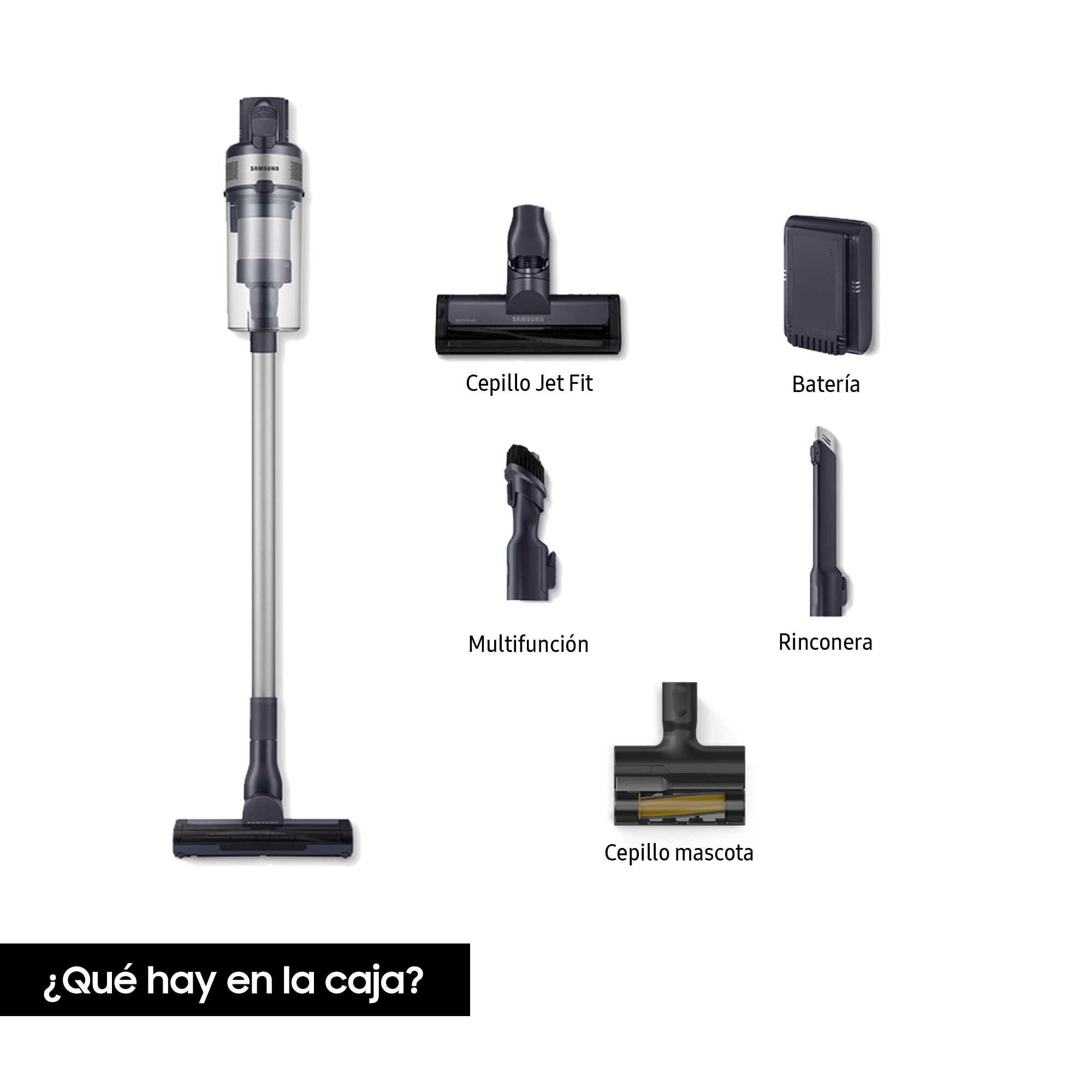 Una aspiradora con accesorios, que incluye un cepillo, batería y herramienta para esquinas, sobre blanco.