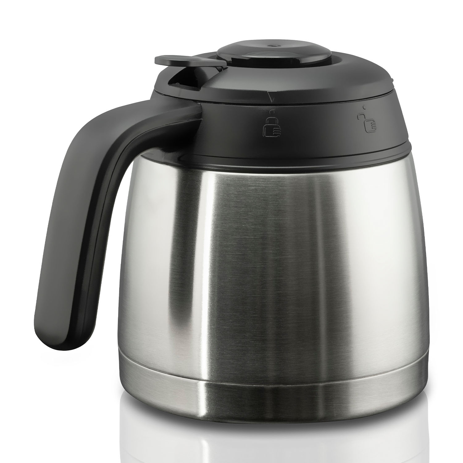 Caraffa termica in acciaio inox con manico nero e coperchio nero.