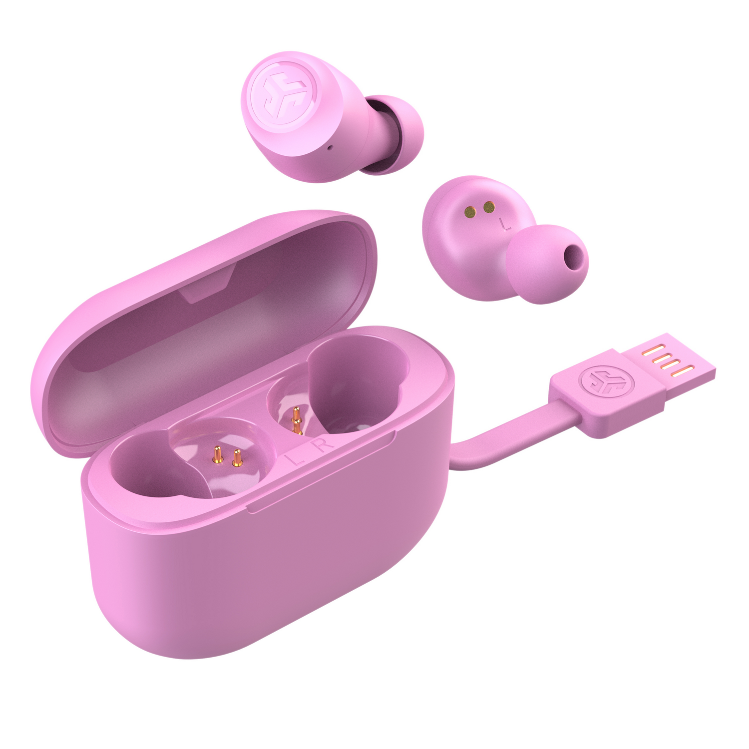 Rosa kabellose Ohrhörer und Ladecase. USB-C-Ladekabel.