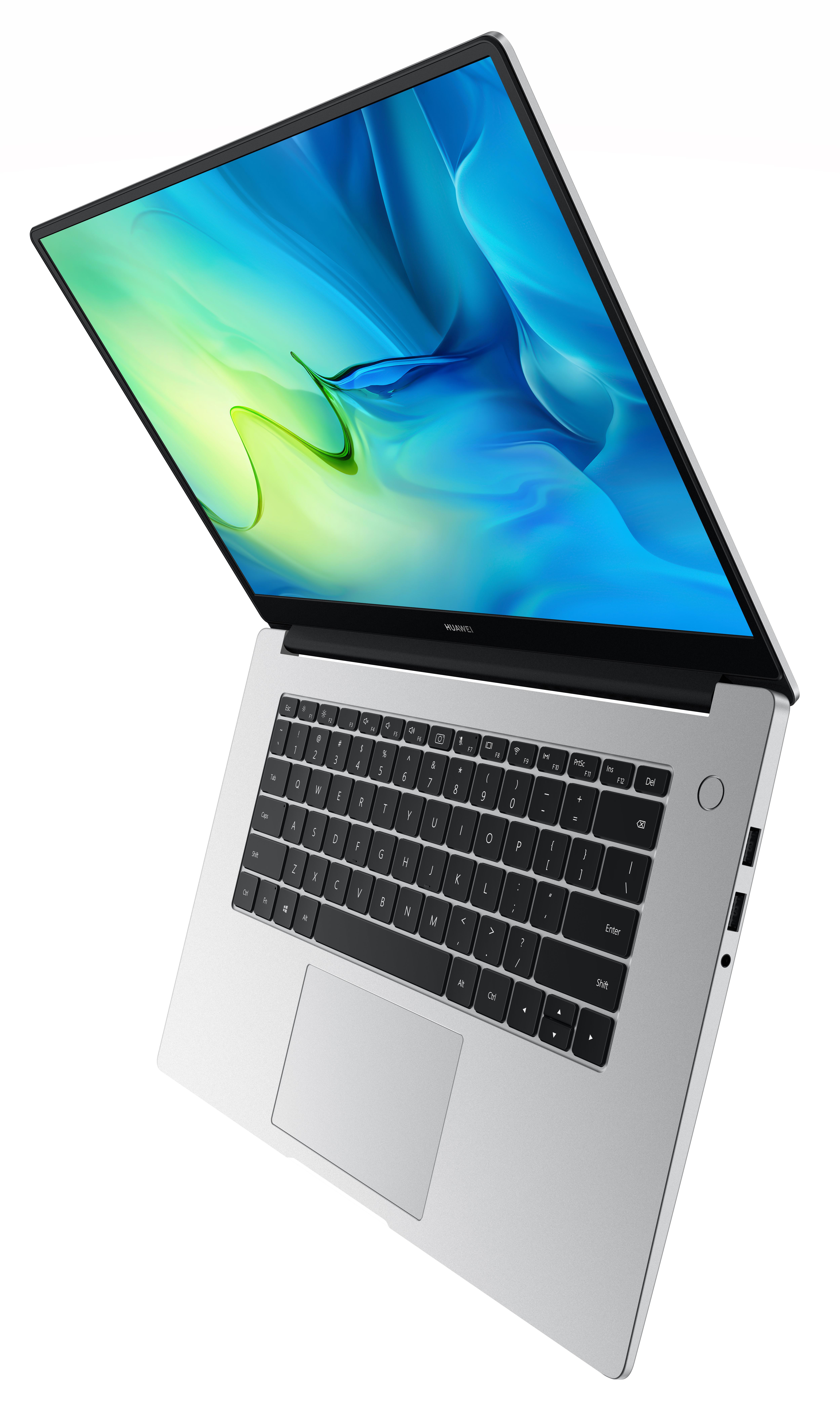 Ein silberner Laptop, geöffnet, mit Tastatur und Bildschirm. Der Bildschirm zeigt ein farbenfrohes Bild.