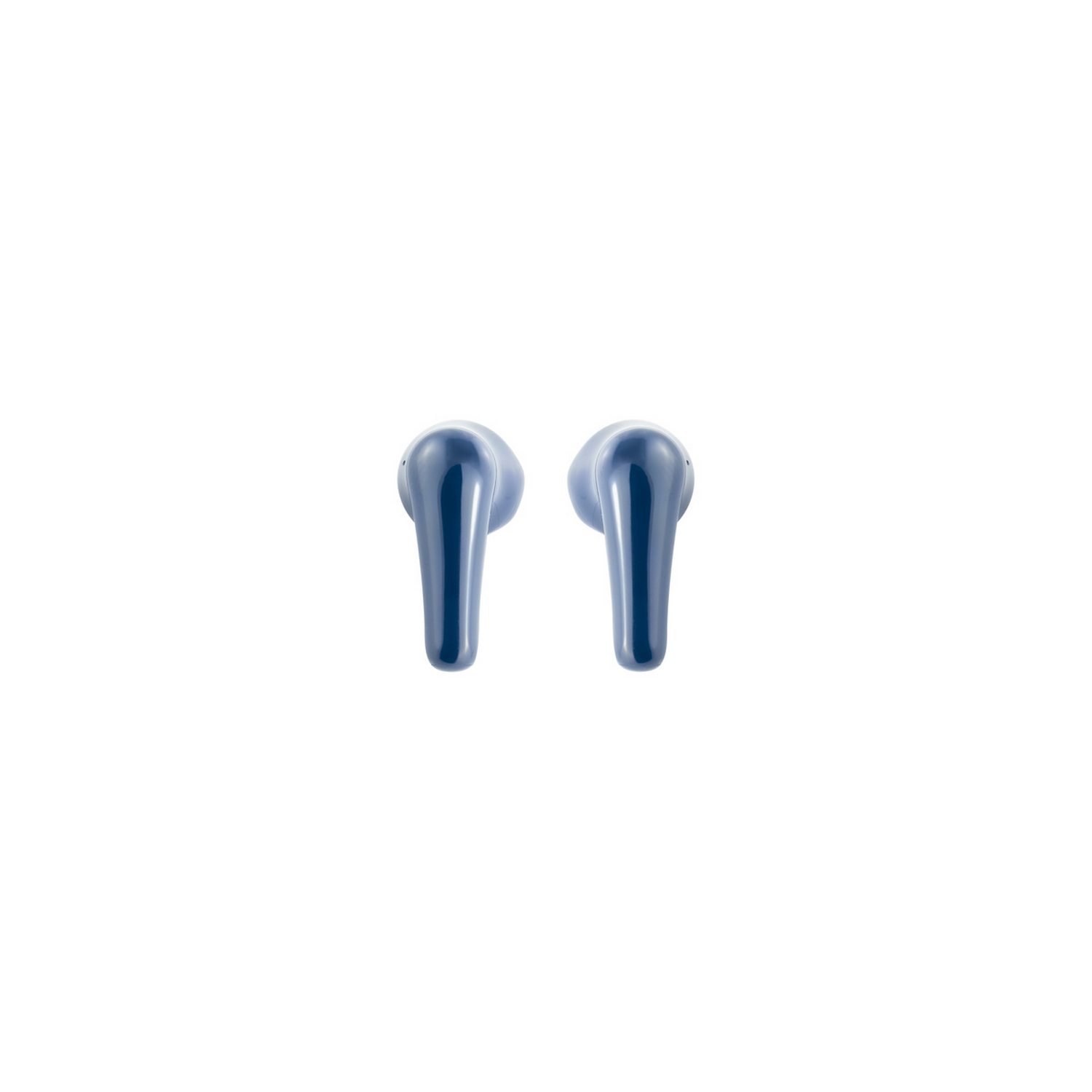 Twee blauwe draadloze oordopjes. Witte achtergrond. Strak design. Geen andere objecten aanwezig.