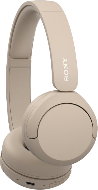 Bézs Sony fejhallgató. A jobb oldali fülhallgató és fejpánt látható, a márkanévvel a fejpánton.