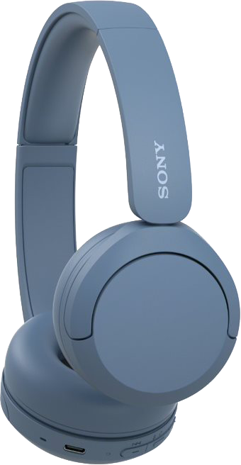 Kék fejhallgató fejpánttal és fülkagylóval, a Sony logóval.