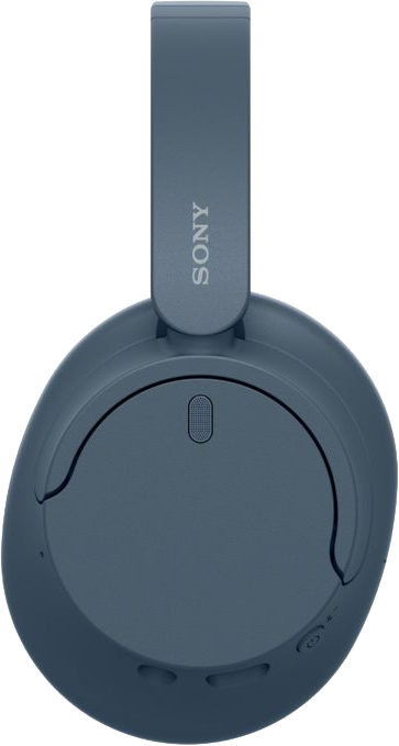 Sötétkék, fülre simuló fejhallgató. A fejhallgatón van egy gomb és a Sony logó.
