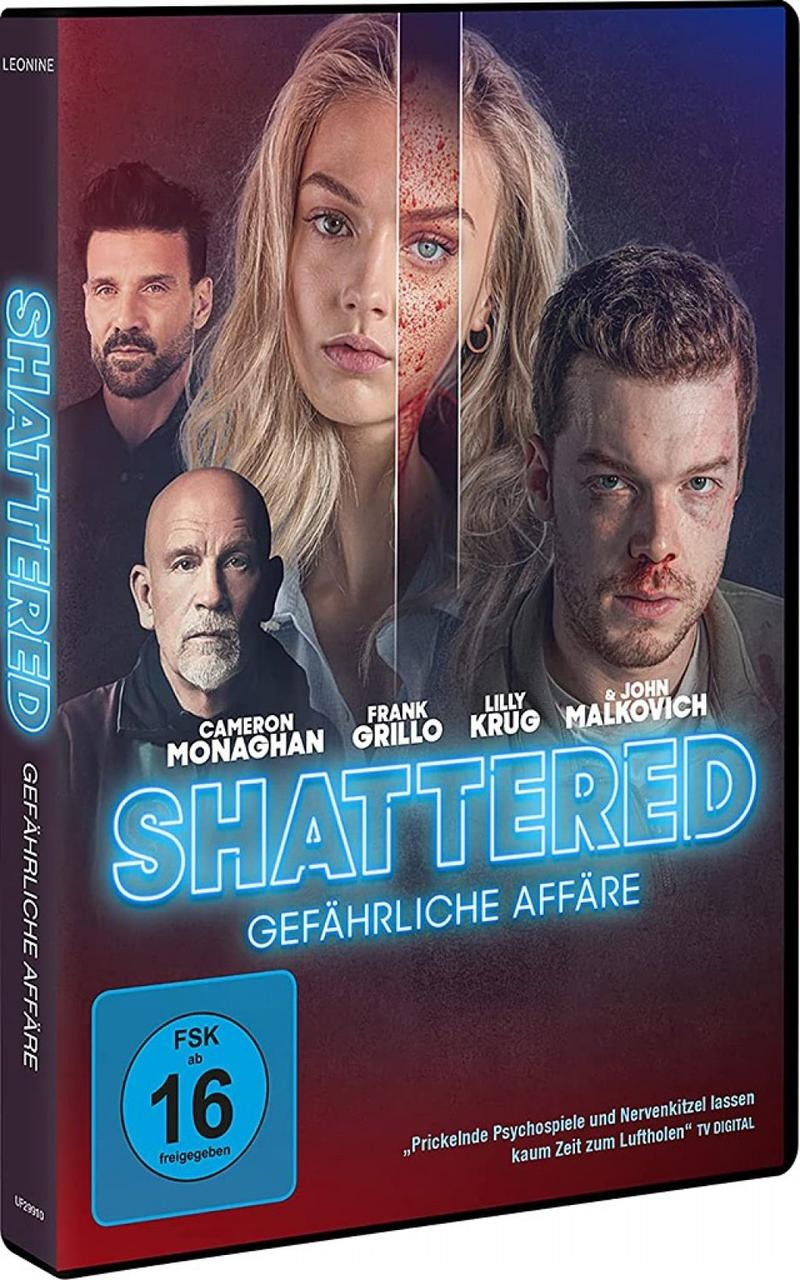 DVD-Hülle mit Filmplakat mit Gesichtern von Schauspielern und dem Titel 'Shattered'.