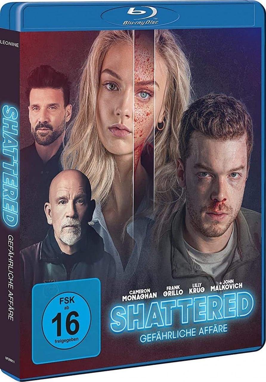 Ein Filmcover mit Schauspielern, einer Frau mit Blut und dem Titel 'Shattered'.