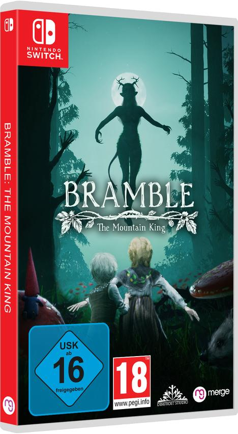 Spielbox-Art für 'Bramble: The Mountain King' mit Charakteren und Logo.