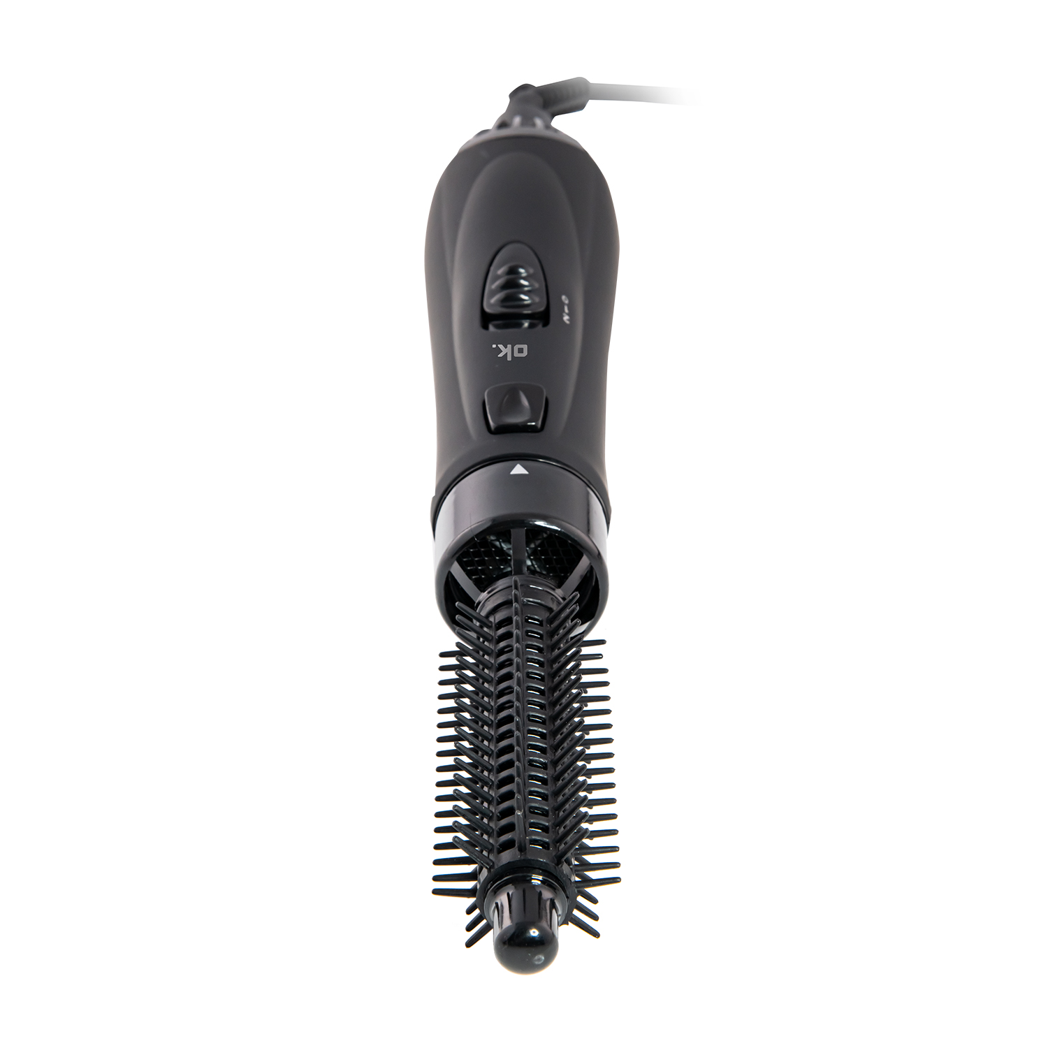 Spazzola per lo styling dei capelli. Nera, con testina rotante e setole.