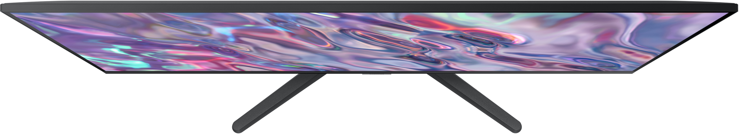 Draufsicht auf einen Computermonitor mit zwei abgewinkelten schwarzen Beinen.