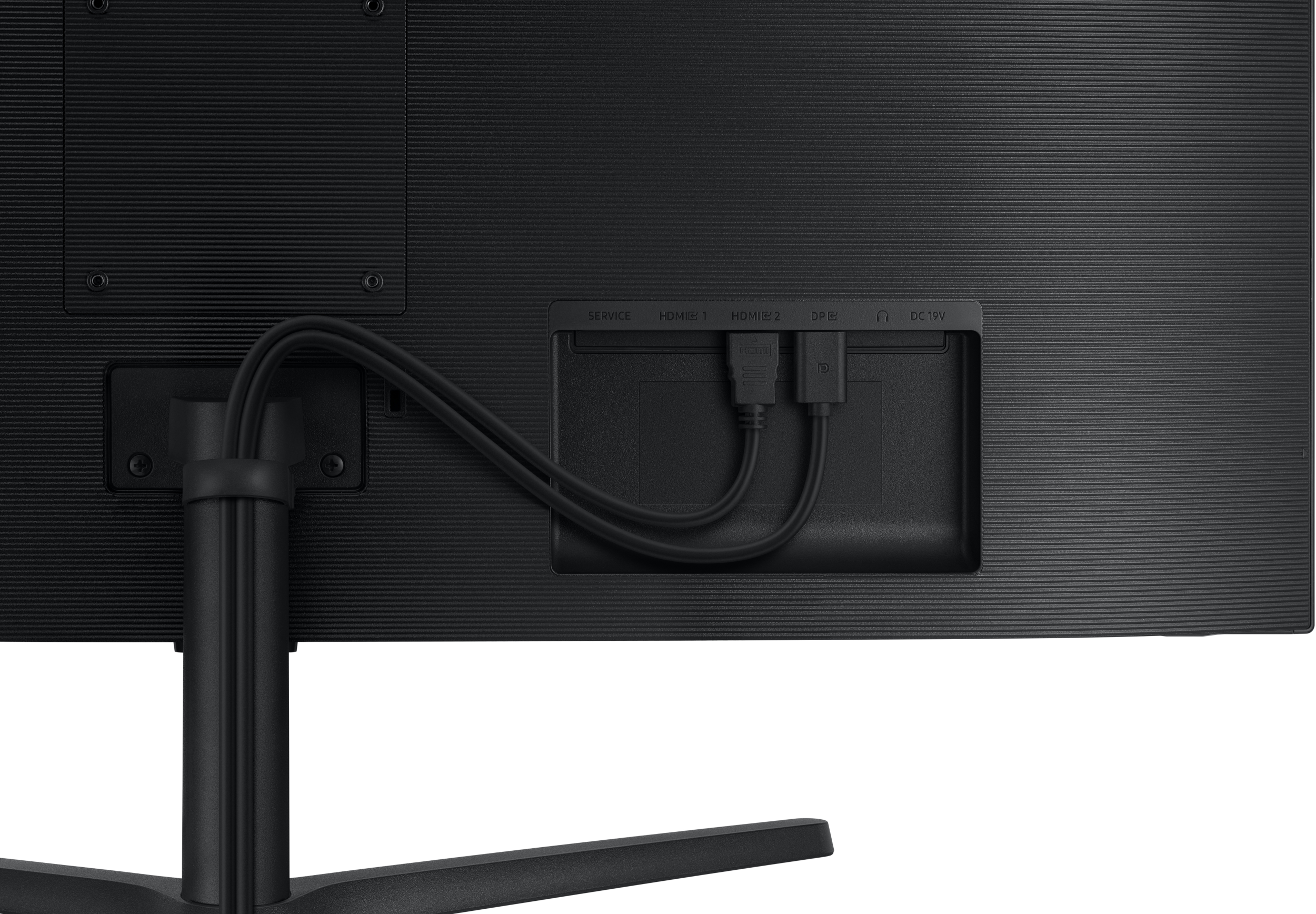 Rückseite eines schwarzen Monitors mit verschiedenen Anschlüssen und Kabeln, einschließlich HDMI und USB.