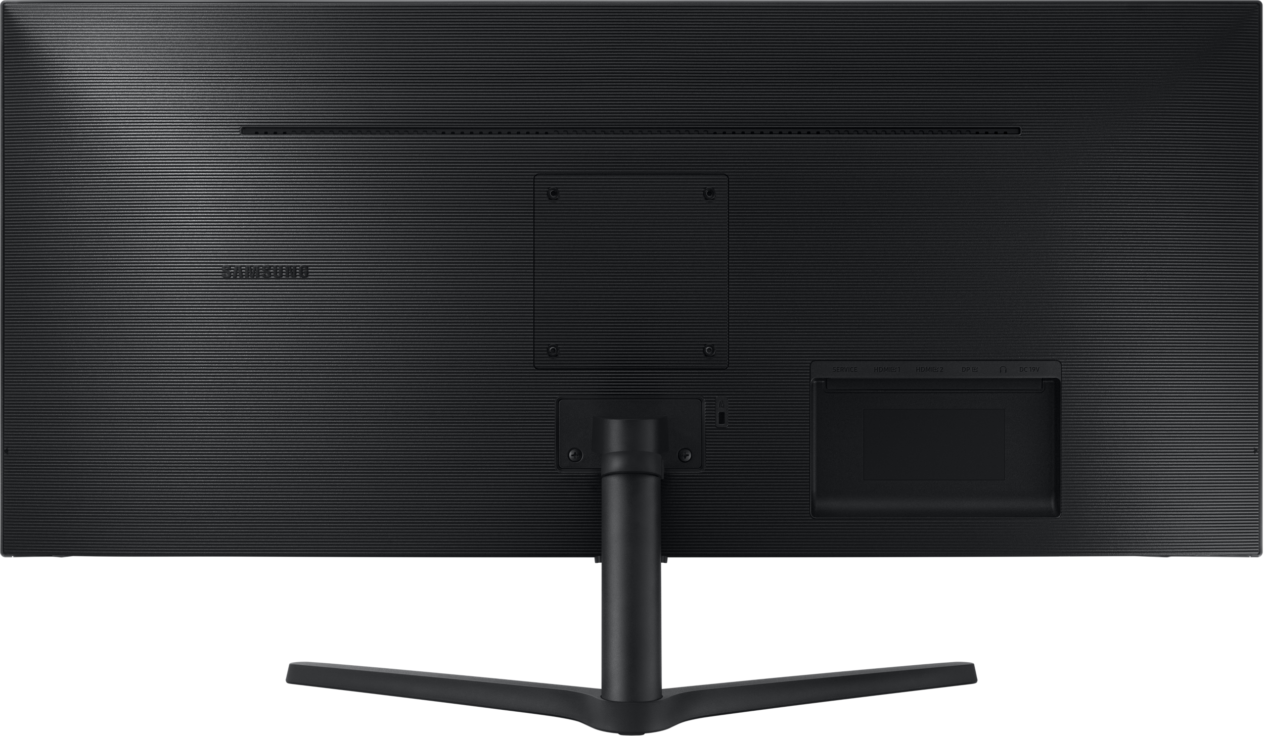 Rückansicht eines schwarzen Computermonitors mit Ständer und Anschlussports.