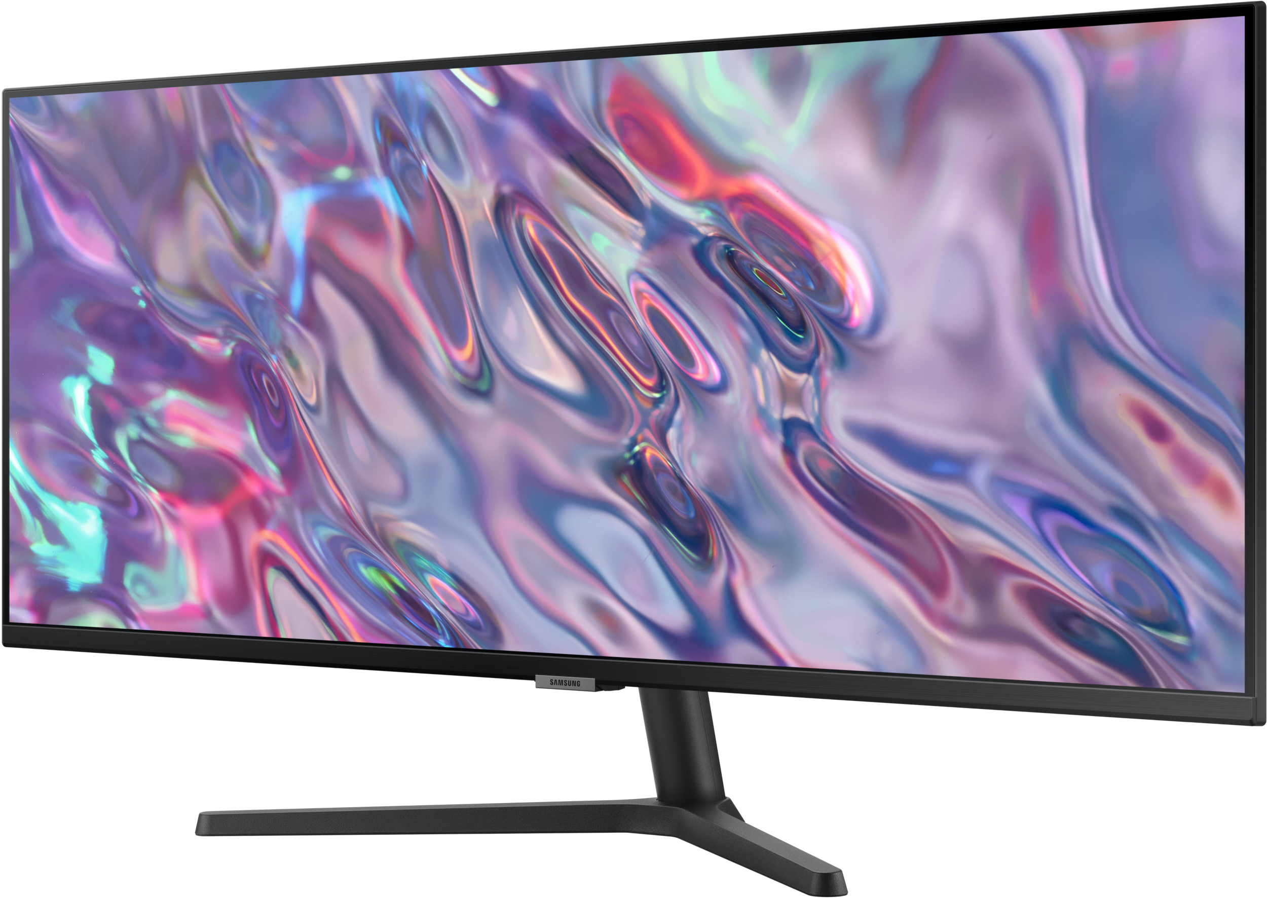 Ultra-breiter, gebogener Monitor mit lebendiger, abstrakter, wirbelnder lila und blauer Anzeige.