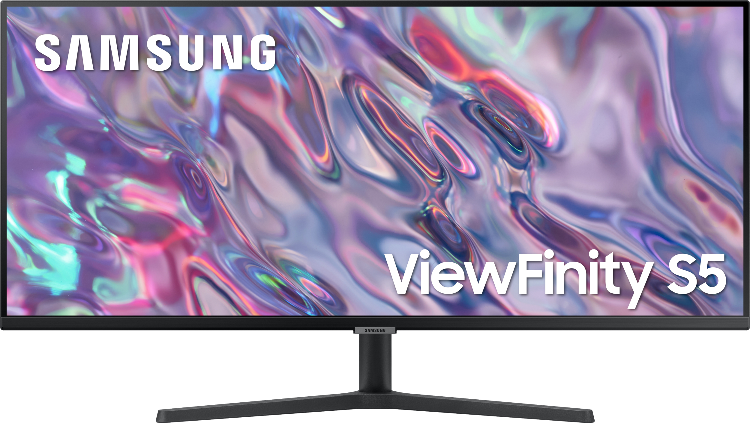 Samsung Monitor mit dünnem schwarzem Rahmen auf schwarzem Ständer, weißer Hintergrund.