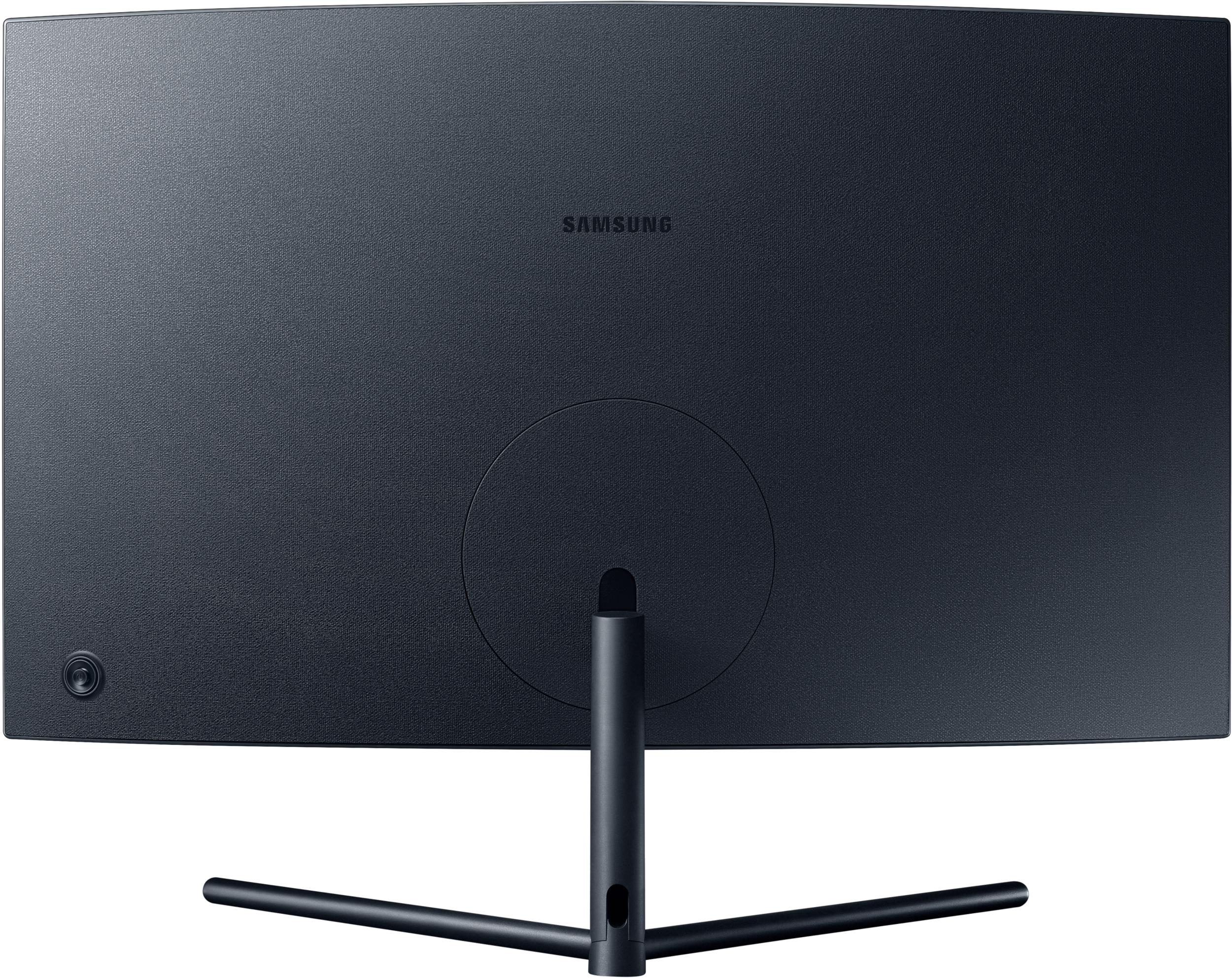 Rückseite eines schwarzen, gebogenen Monitors mit dem Samsung-Logo. Der Monitor hat einen Ständer mit Y-förmigem Fuß.