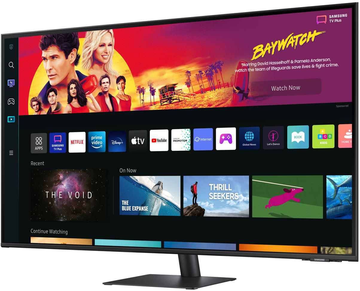 Samsung TV-Bildschirm mit Baywatch und einem Menü mit Apps und Sendungen.