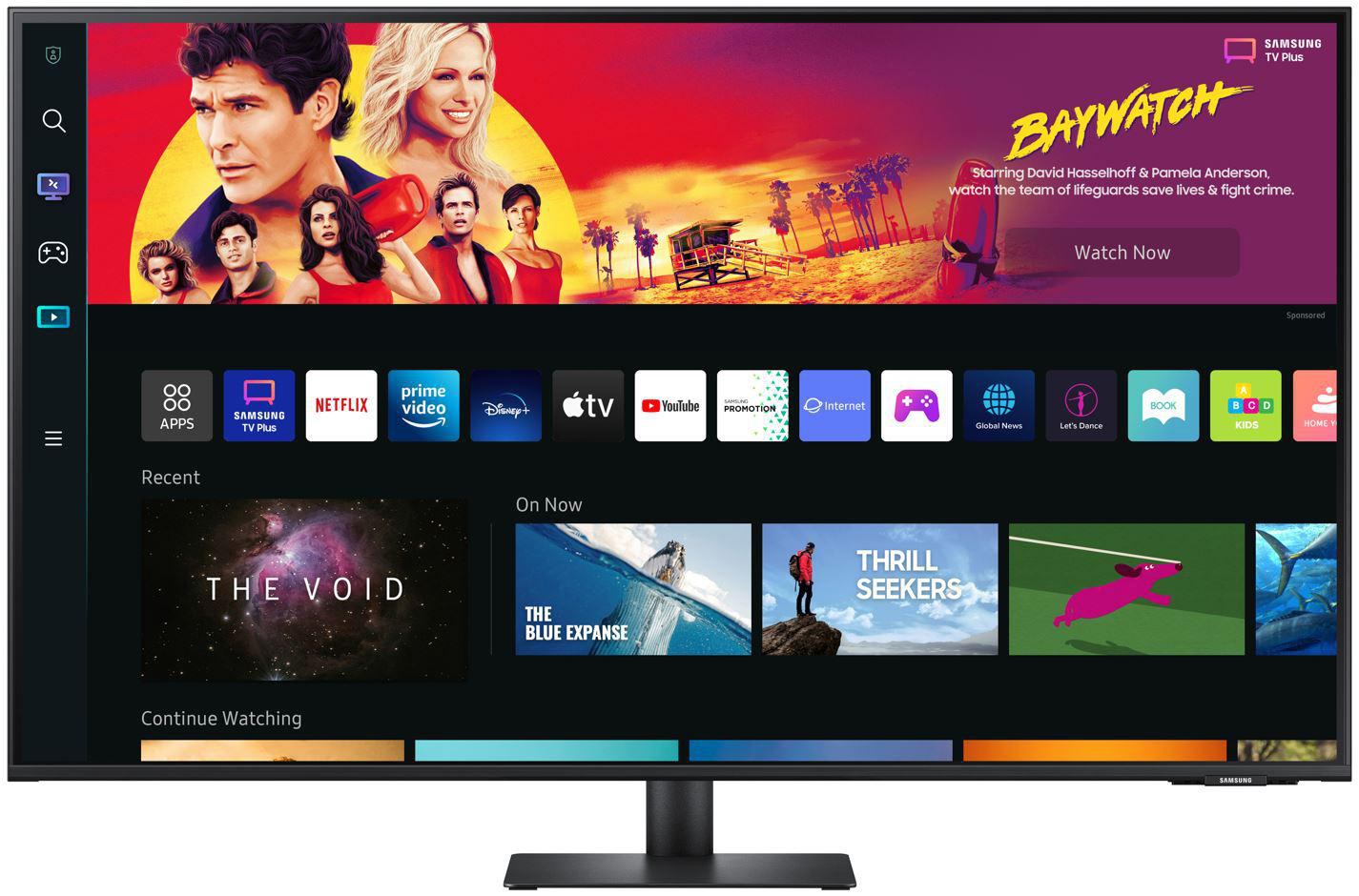 Smart-TV-Anzeige. Zeigt Apps und Streaming-Dienste wie Netflix und Prime Video. Eine Baywatch-Werbung ist sichtbar.