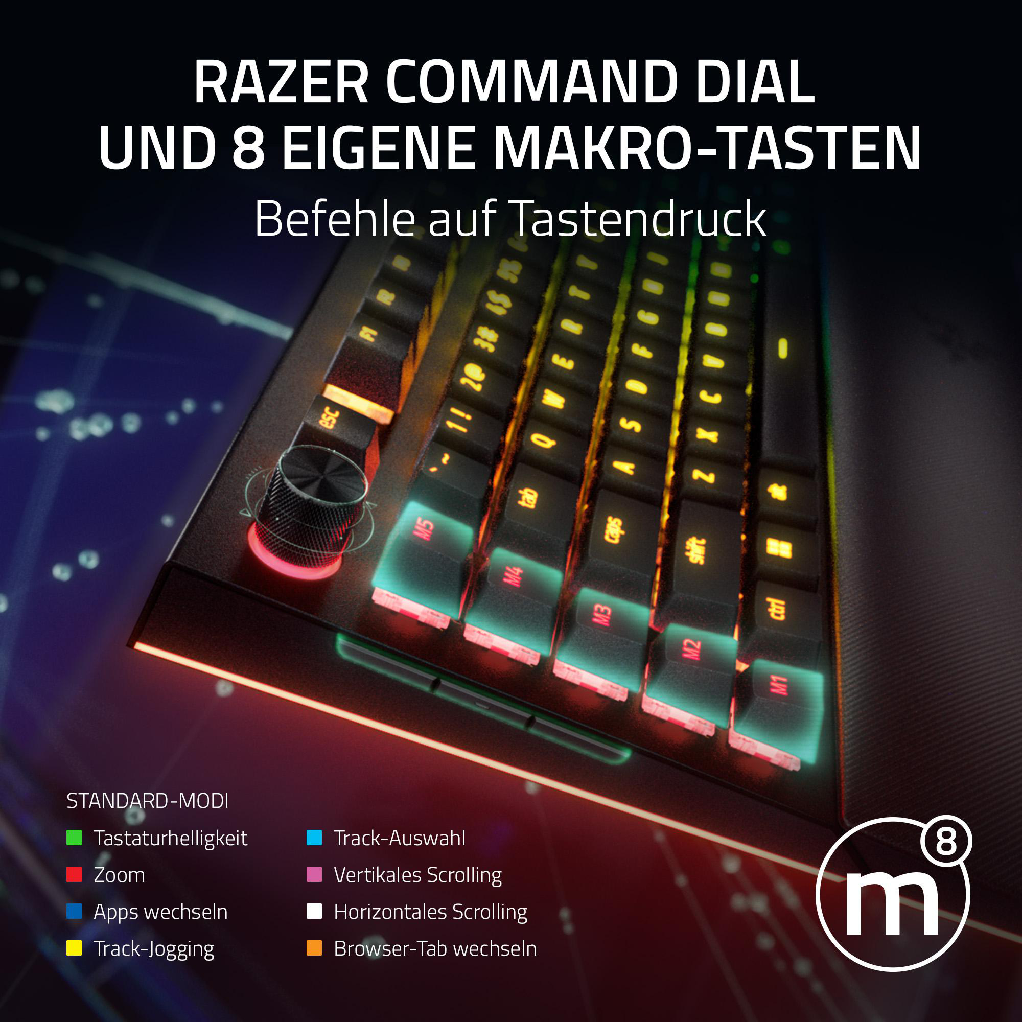 Gaming-Tastatur mit bunten Tasten und einem Command Dial. Farben: rot, grün, blau, pink, orange.