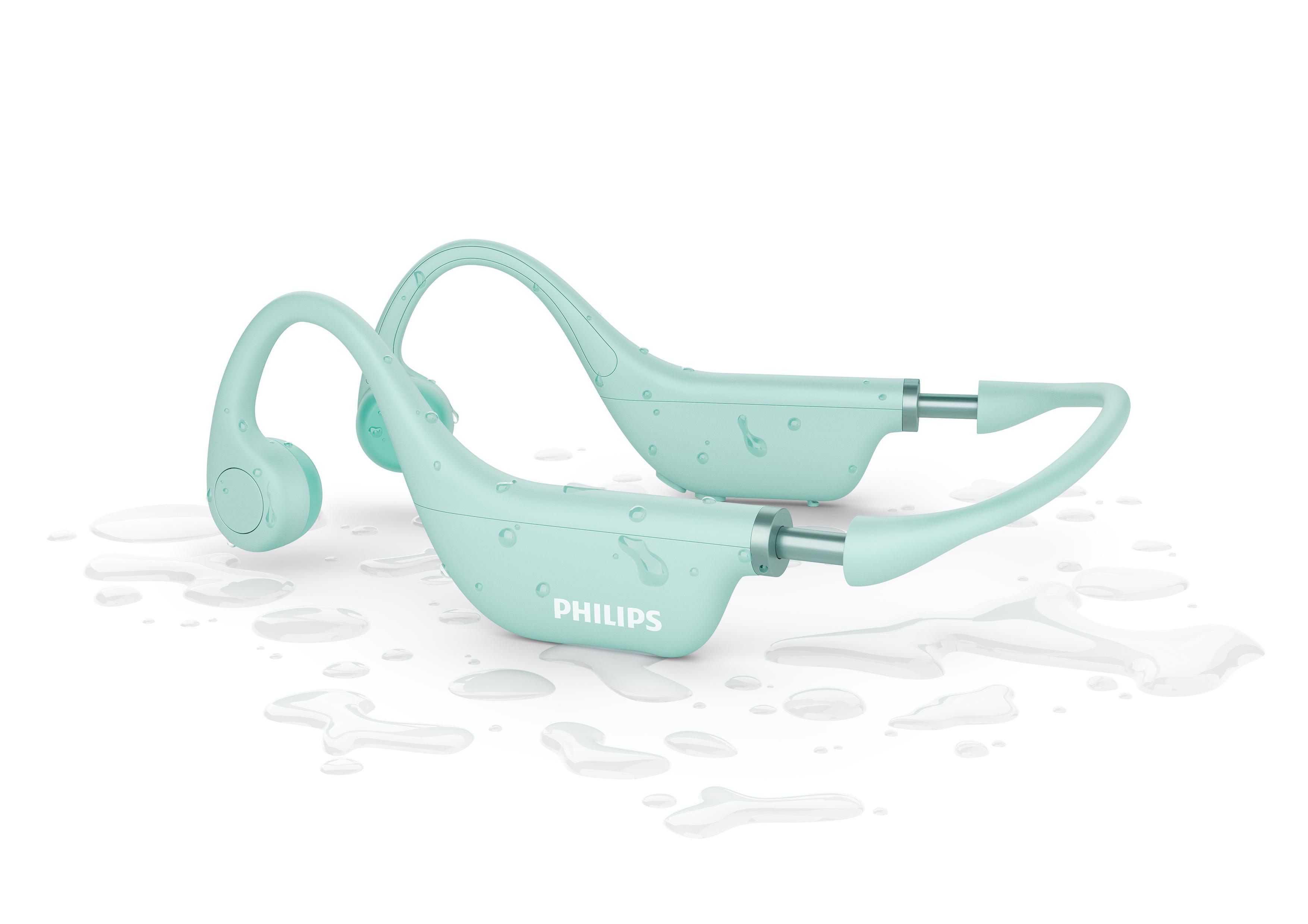 Minzgrüne Philips-Knochenleitungskopfhörer mit Wassertropfen.