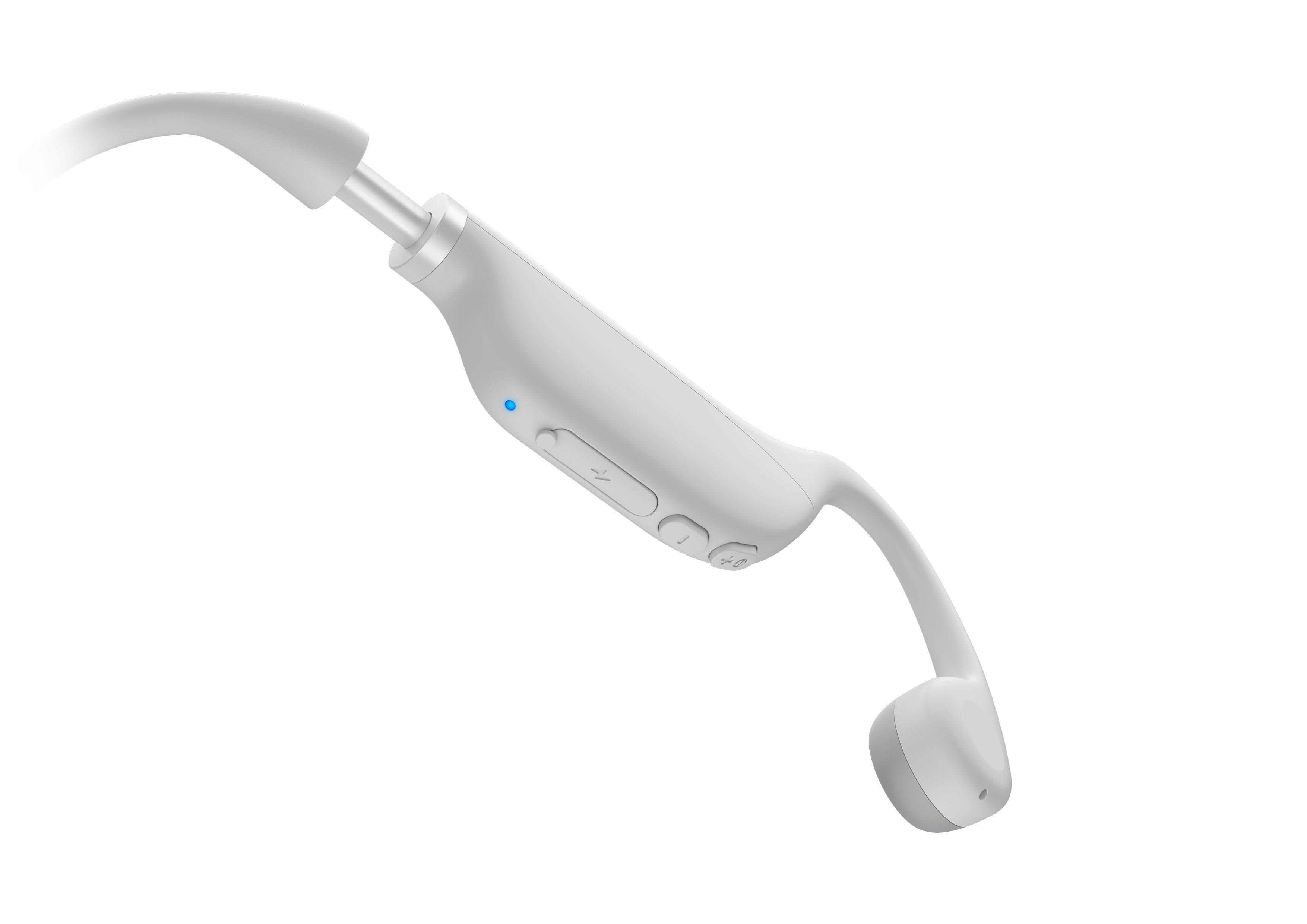 Weiße, leichte In-Ear-Kopfhörer mit Steuertasten.