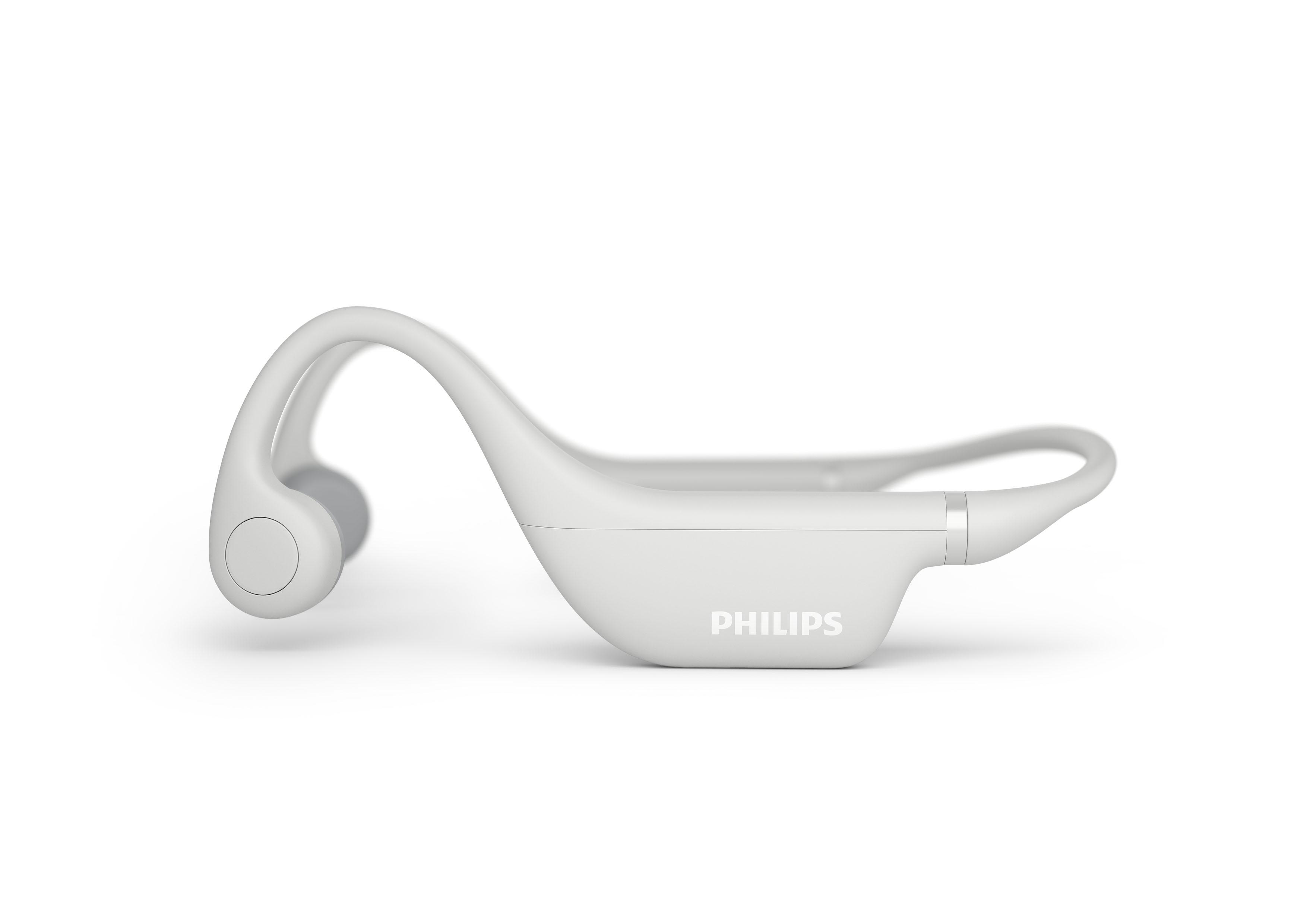 Weiße Knochenschallkopfhörer. Der Name PHILIPS ist sichtbar.