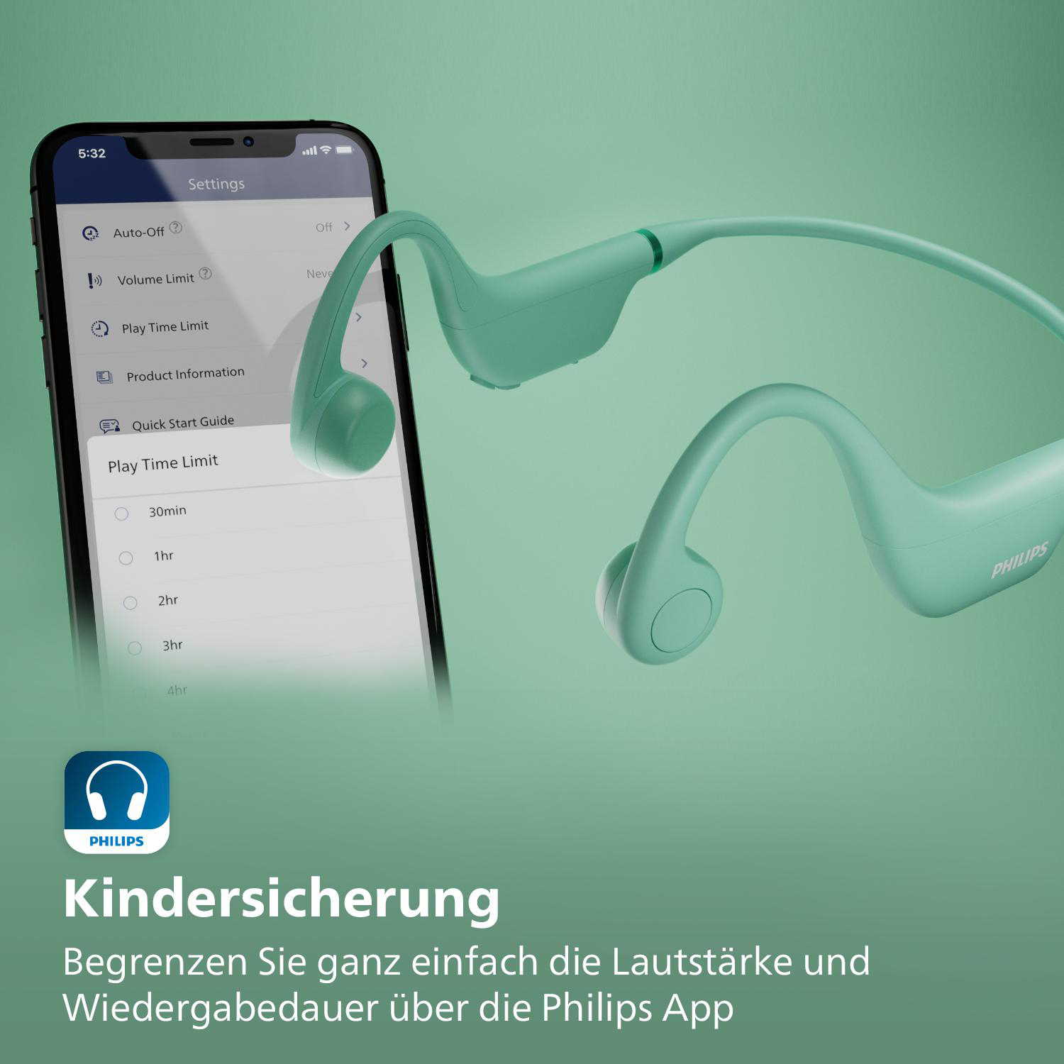 Minzgrüne Kopfhörer auf einem Telefonbildschirm, mit Einstellungen. Weißer Hintergrund mit Philips-Logo.