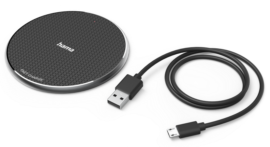 Vezeték nélküli töltőpad, fekete, USB kábellel; 'hama FAST CHARGE' felirat rajta.