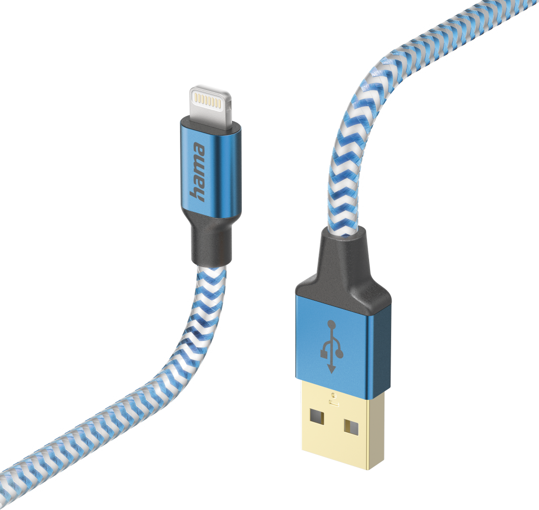 Kék-fehér fonott töltőkábel USB és Lightning csatlakozókkal.
