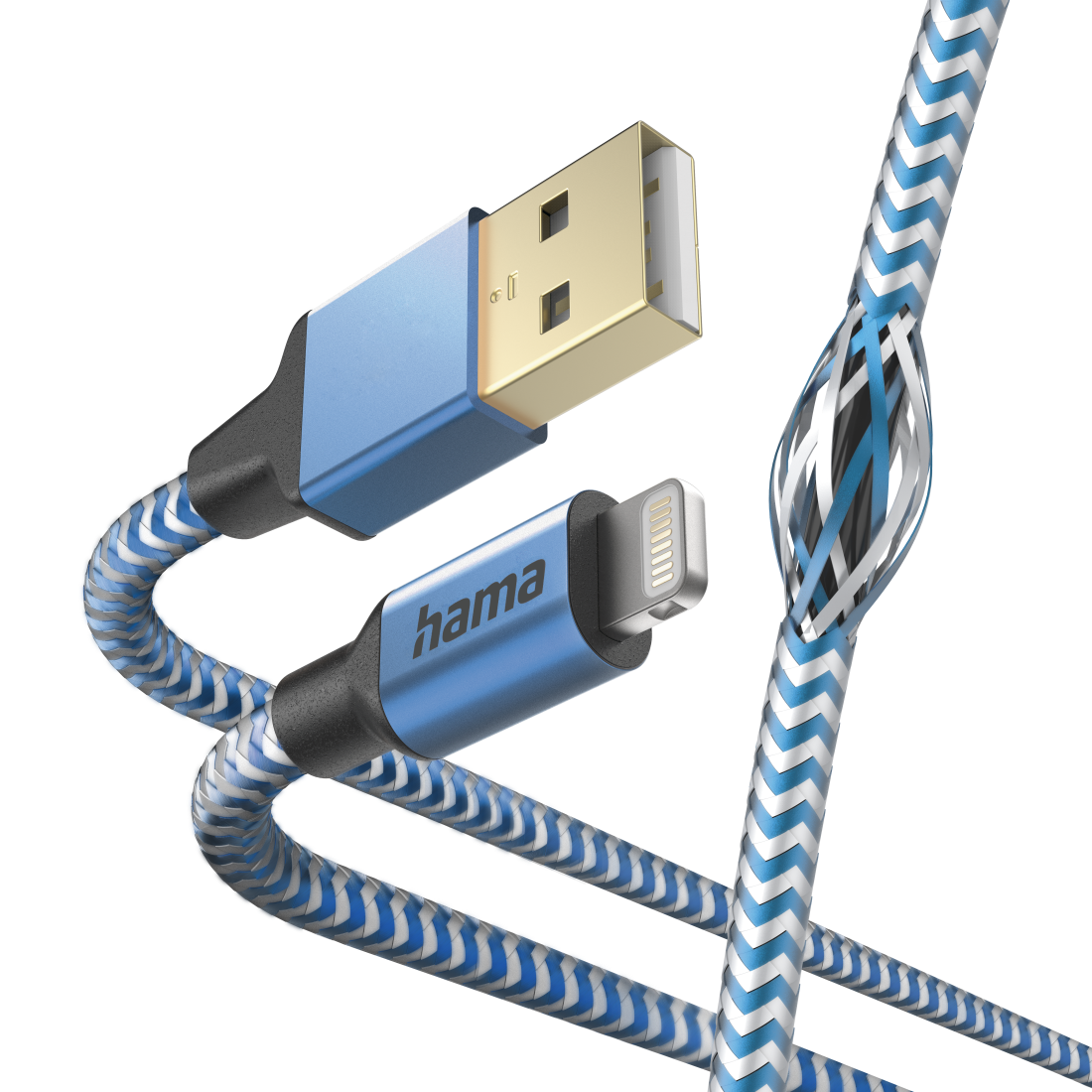 Egy USB-Lightning kábel, kék és fehér fonott. A végei kékek és aranyak.