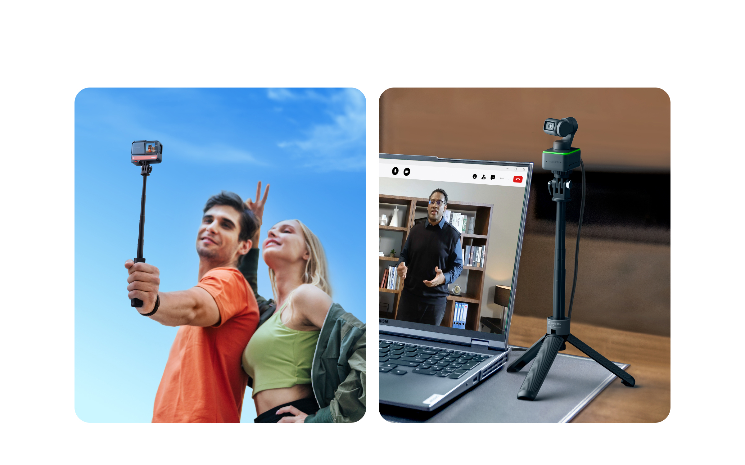 İki resim: selfie çubuğu olan insanlar ve web kamerası olan bir dizüstü bilgisayar. Mavi gökyüzü arka planı.