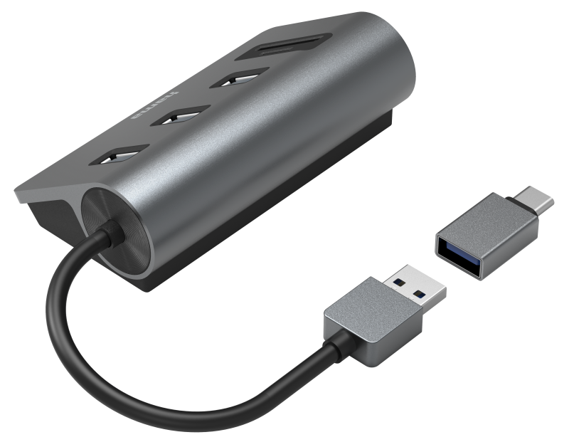 Ezüst USB hub több porttal, USB és USB-C csatlakozókkal fekete háttéren.