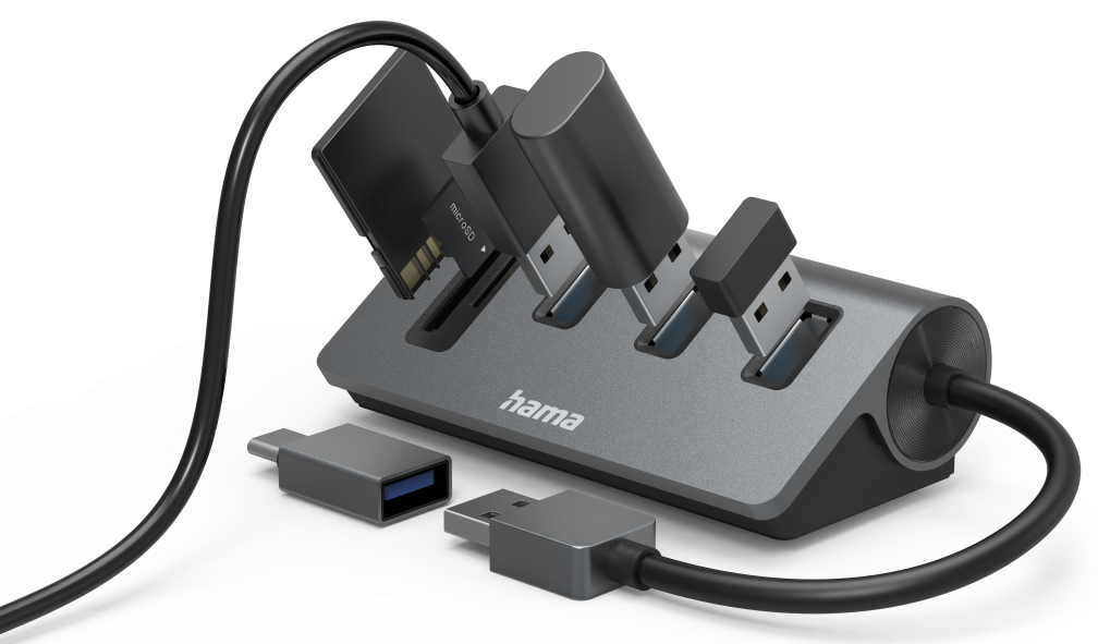 Egy szürke USB hub, különböző portokkal. USB, MicroSD és egyéb csatlakozói vannak.