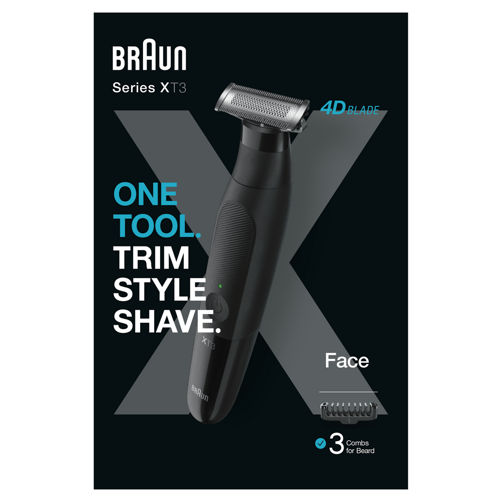 Afeitadora negra Braun Series XT3 con texto sobre recorte, estilo y afeitado.