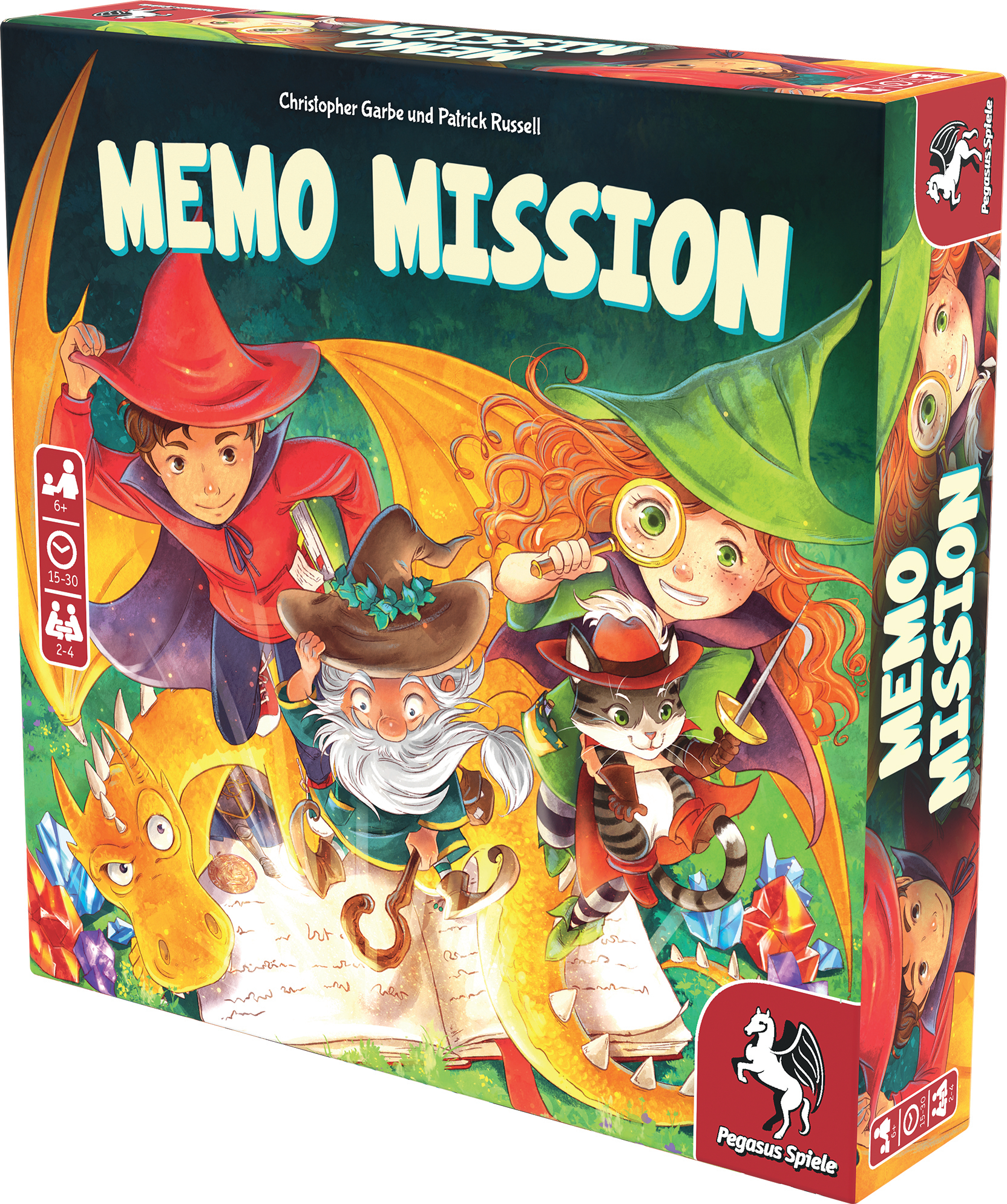 Eine Schachtel des Spiels 'Memo Mission' mit illustrierten Charakteren und einem Drachen.