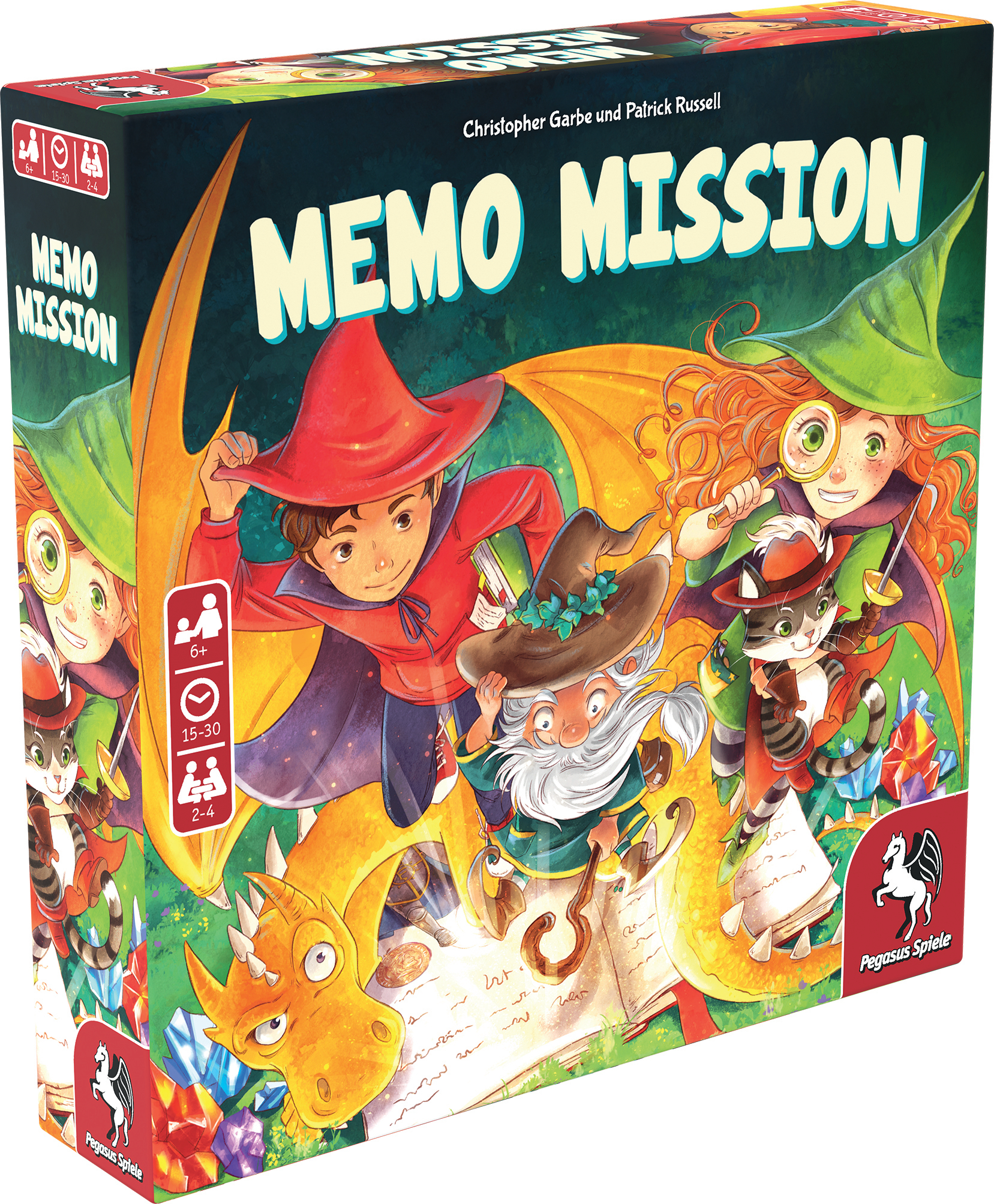 Eine Spielbox mit farbenfrohen Illustrationen von Charakteren, Titel 'MEMO MISSION' und Pegasus Spiele Logo.