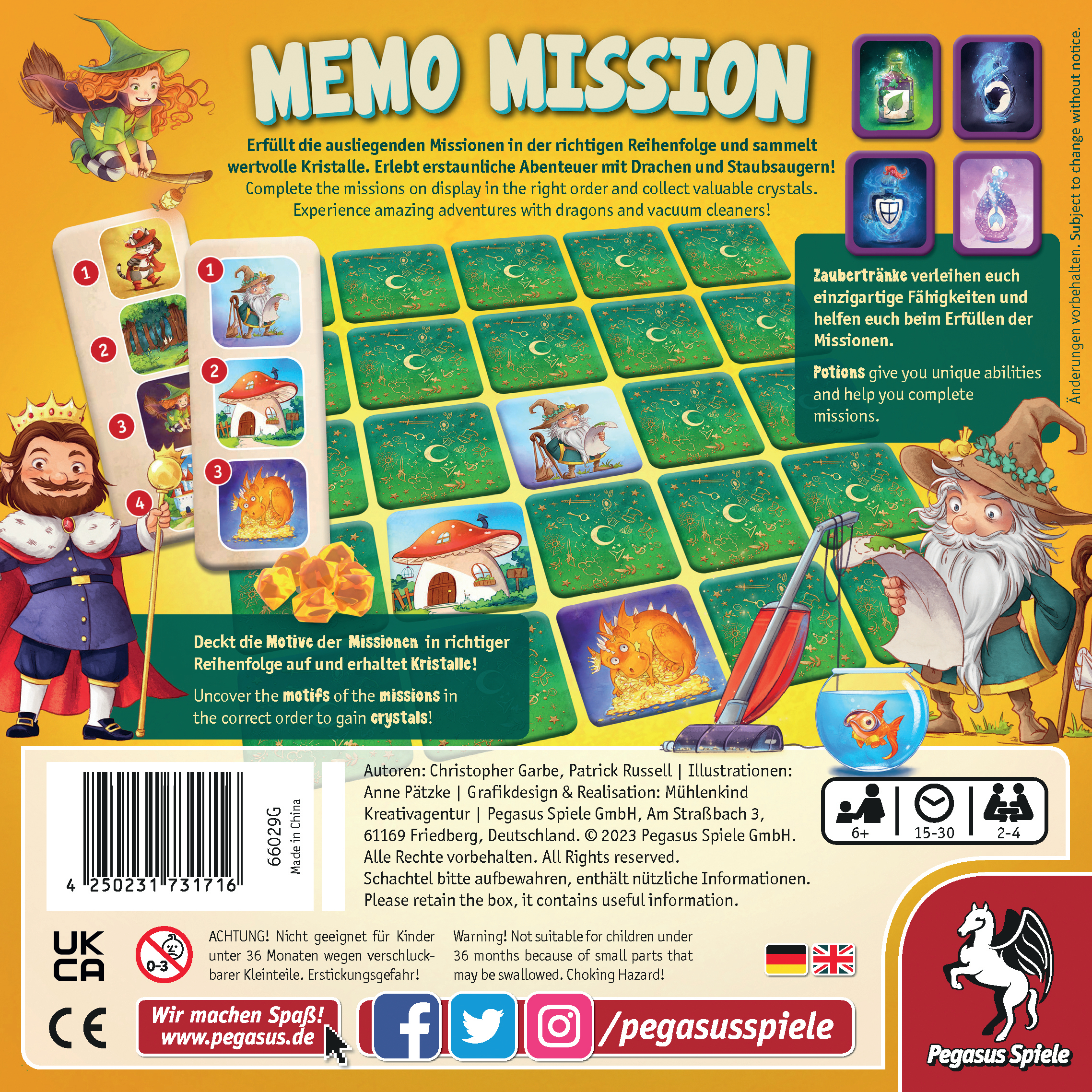 Spielbox mit farbenfroher Kunst. Zeigt ein Brettspiel mit Missionskarten und Cartoon-Stil.