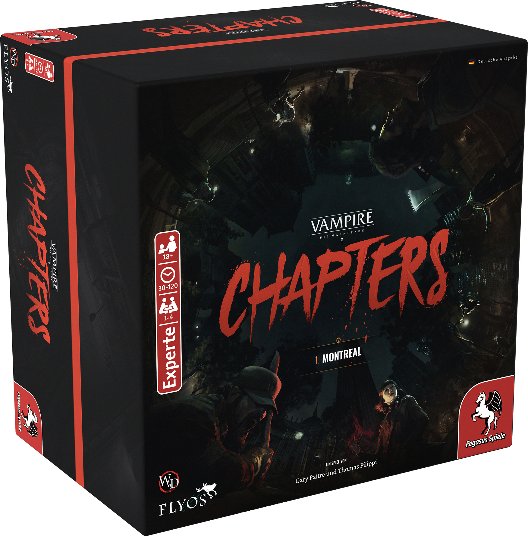 Schachtelkunst für ein Brettspiel, mit dunkler urbaner Szene und dem Titel 'CHAPTERS'.